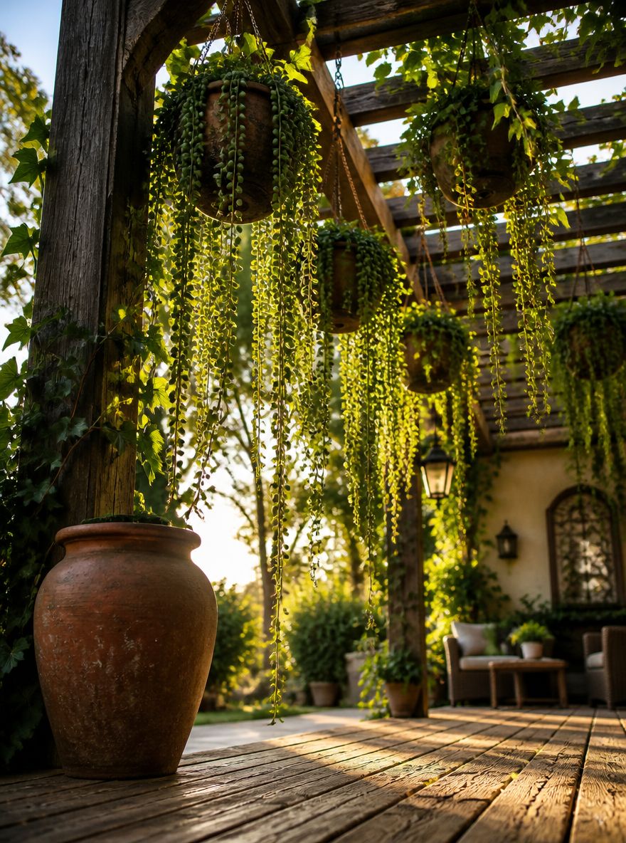 Hangende hangplanten aan de balken van de pergola
