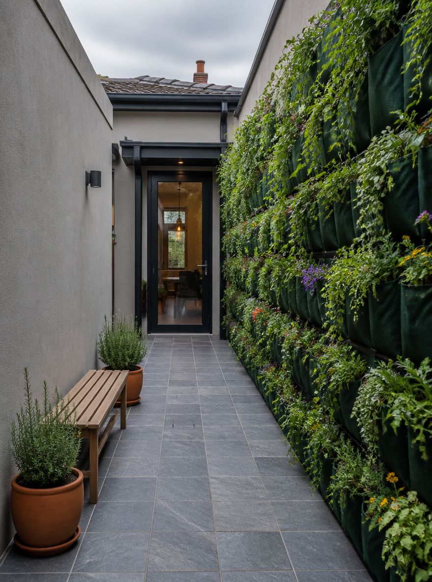 Vilt pocket plantenbakken langs een smalle terrasmuur
