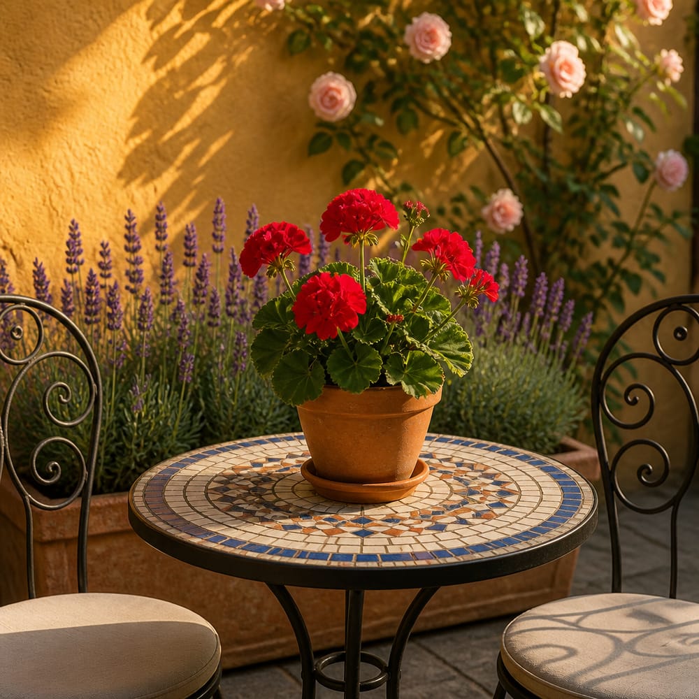 Mozaïek bistrotafel met geranium- en lavendelrand