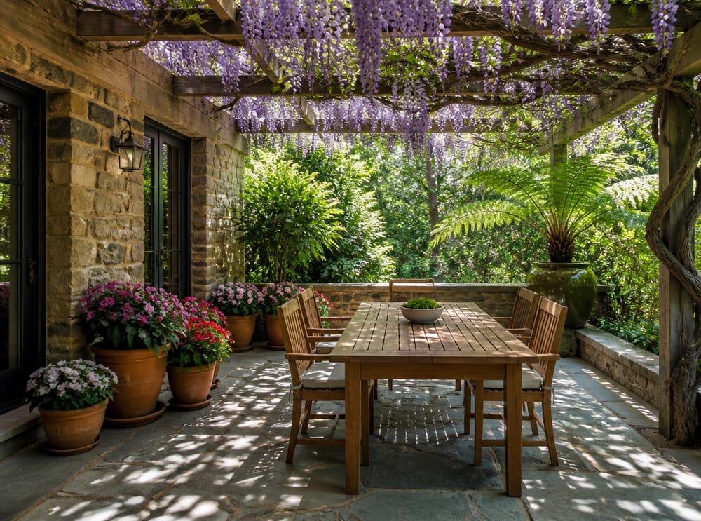 Wisteria pergola biedt schaduw aan een teakhouten eettafel