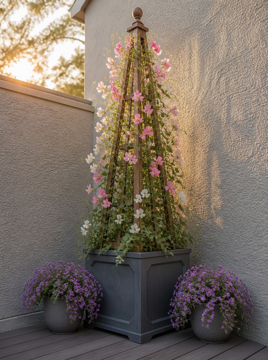 Lathyrus langs een houten obelisk in een hoekbak