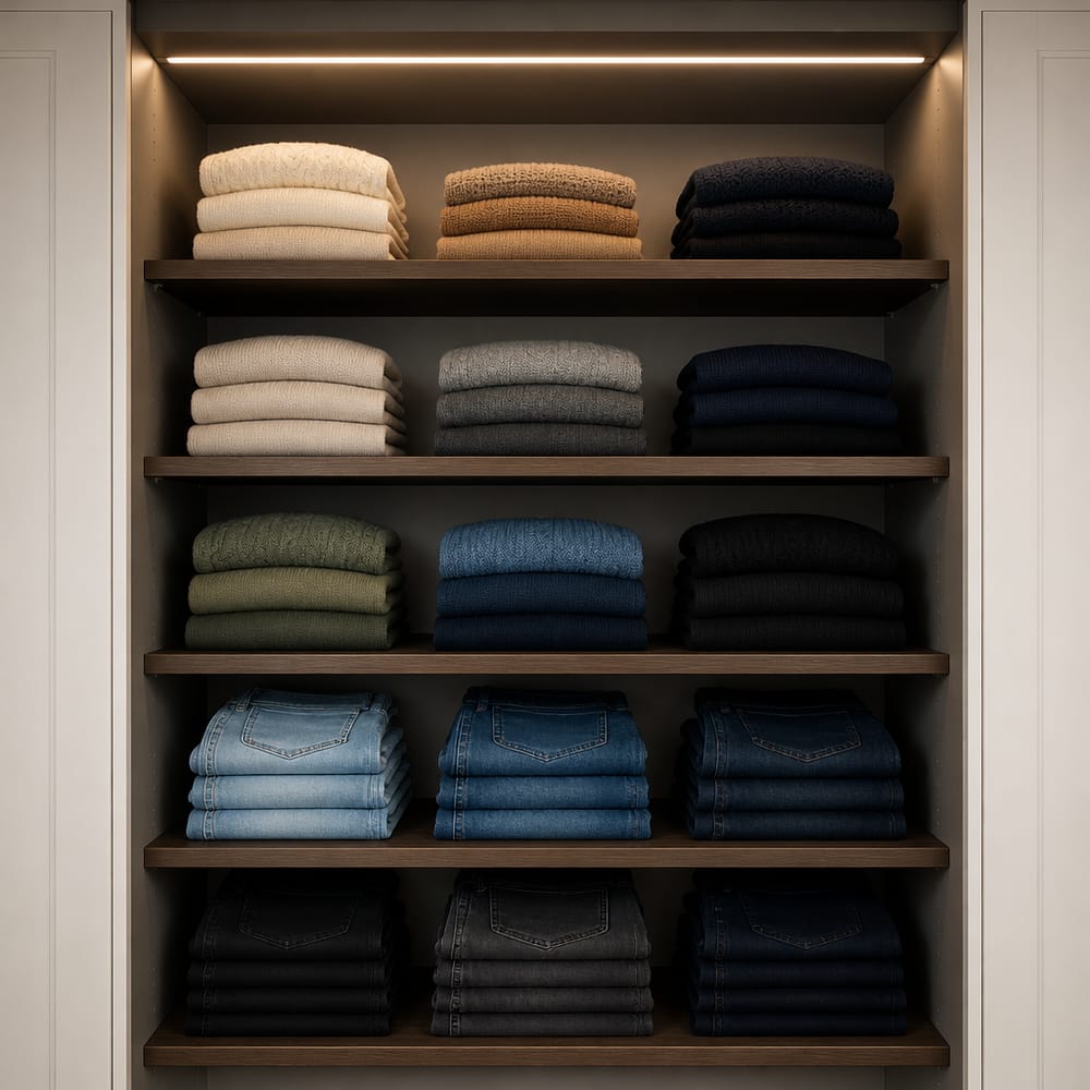 Ropa doblada por color en estantes ajustables
