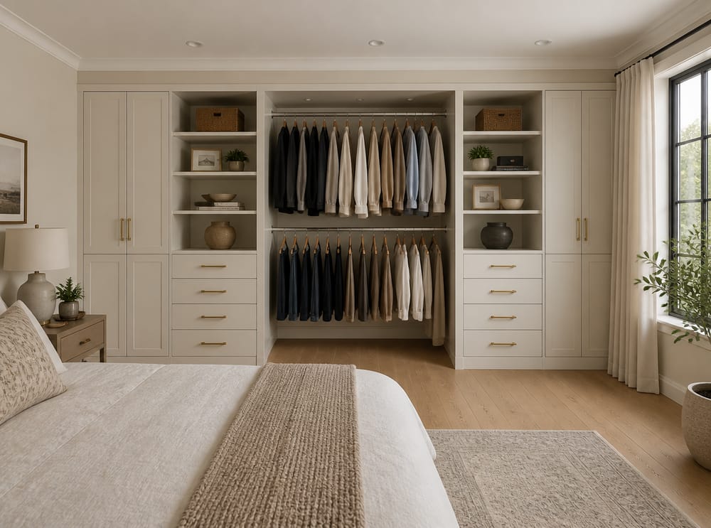 Pared completa de dormitorio convertida en almacenaje empotrado