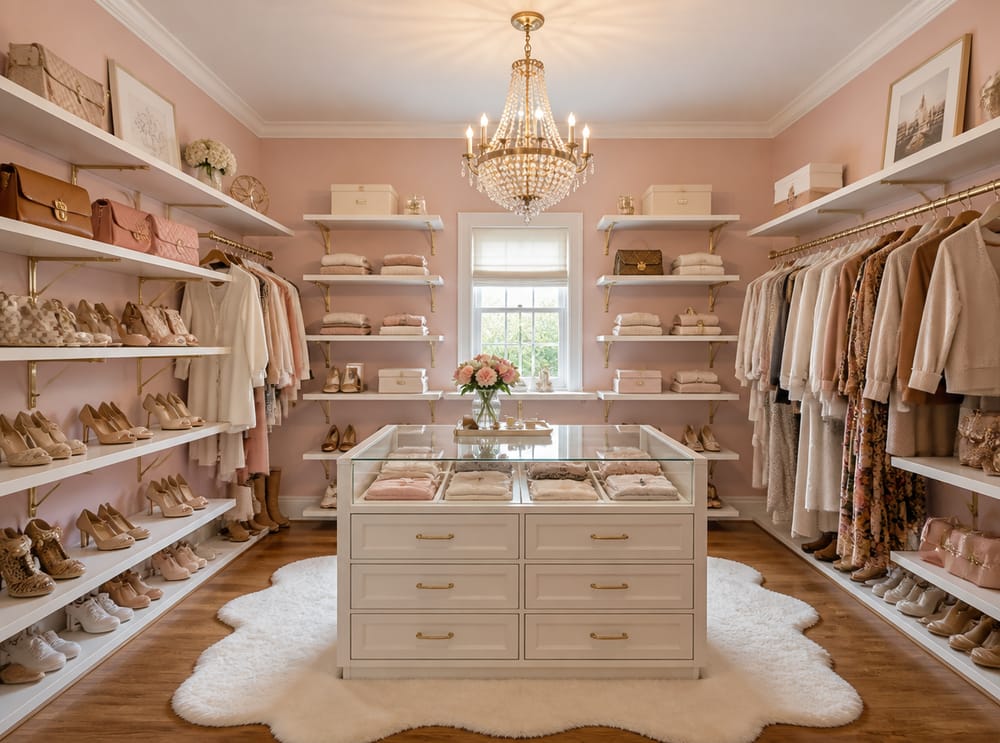 Boutique-tyylinen vaatehuone, kattokruunu ja lasisaari