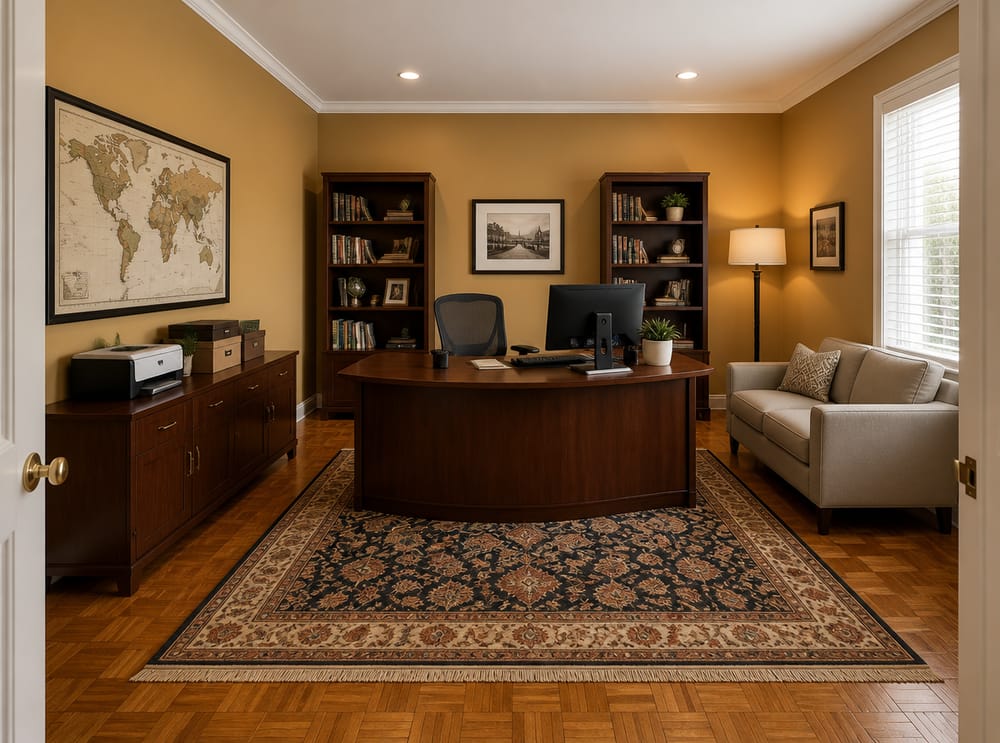 Escritorio curvo con credenza y sofá de lectura
