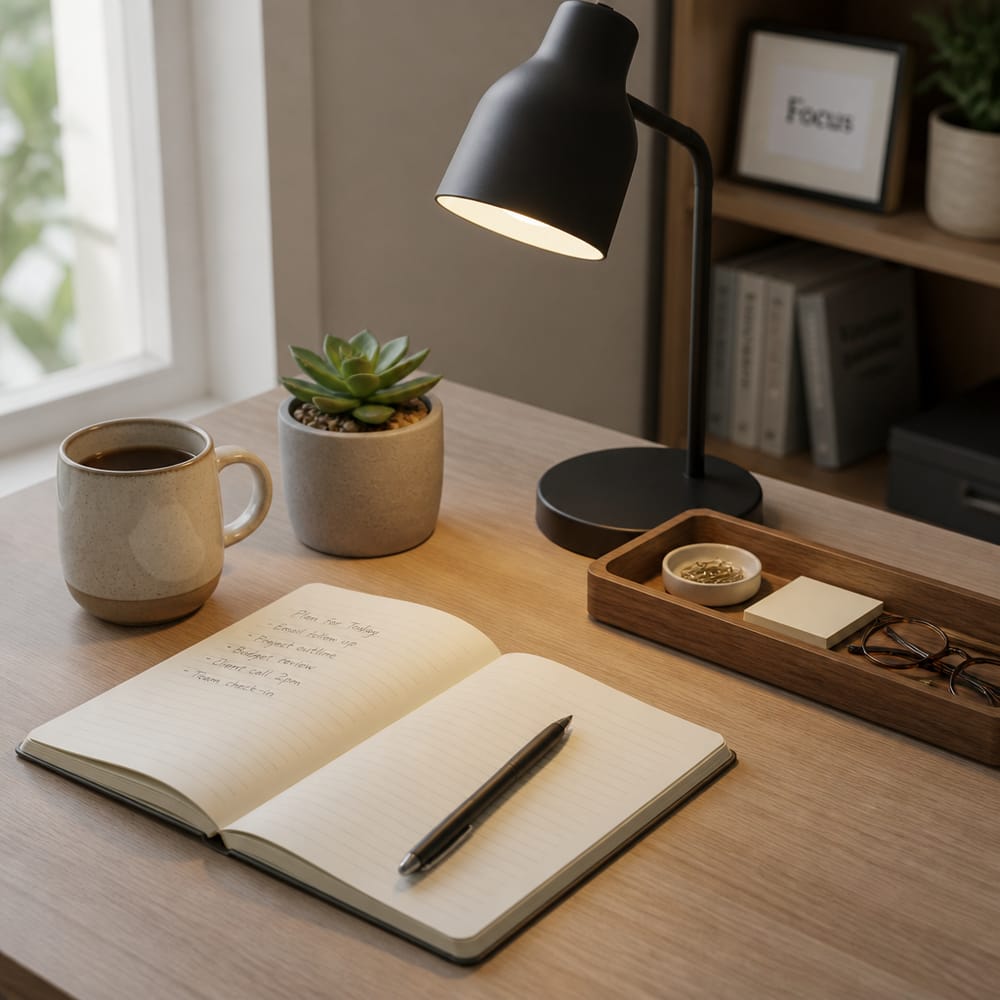 Detalles del escritorio: taza, cuaderno y suculenta