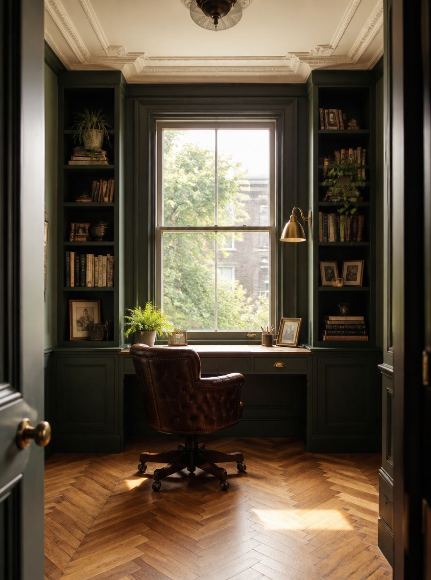 Escritorio verde oscuro bajo una ventana alta de guillotina
