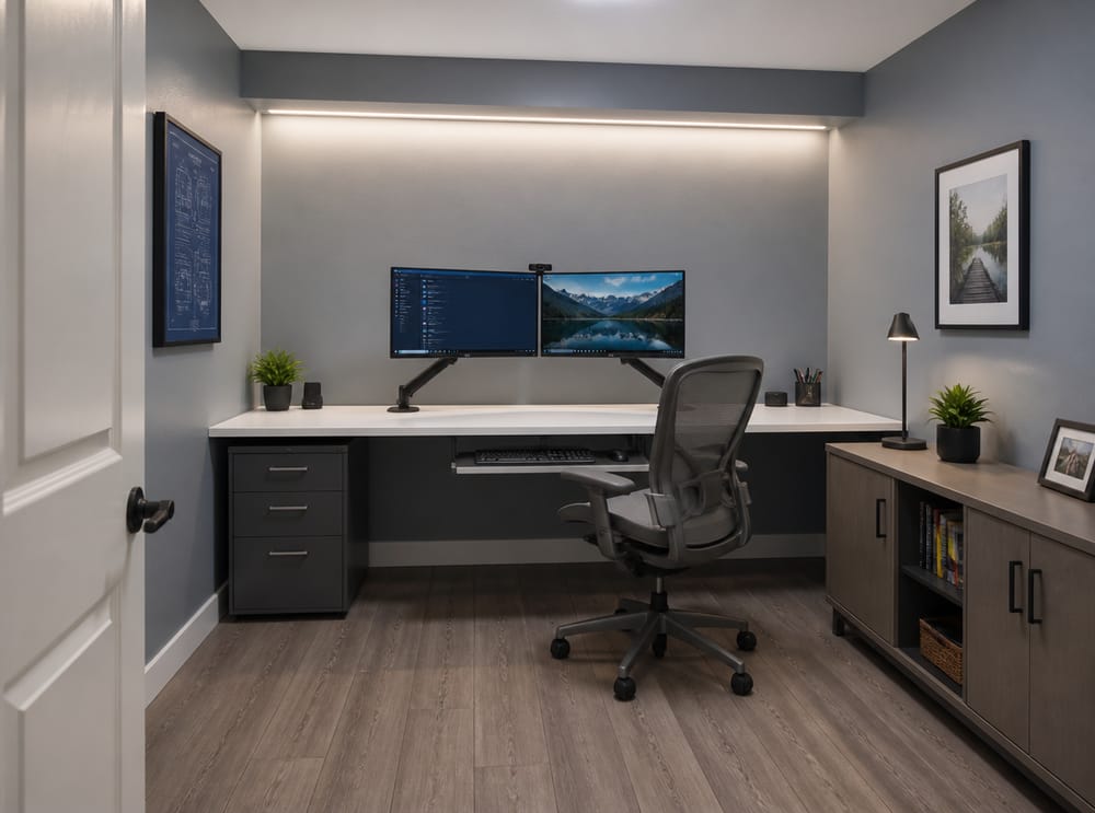 Escritorio doble monitor con iluminación indirecta y credenza