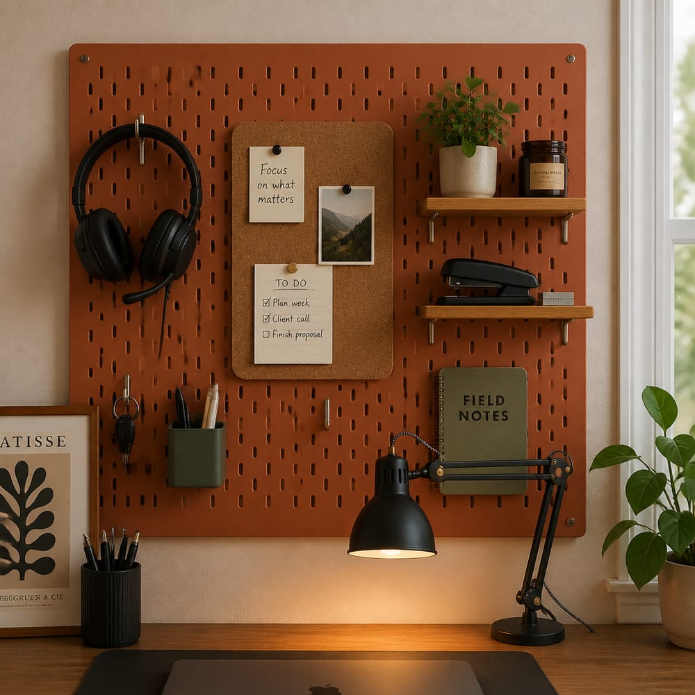 Panel perforado terracota con ganchos, estante y lámpara
