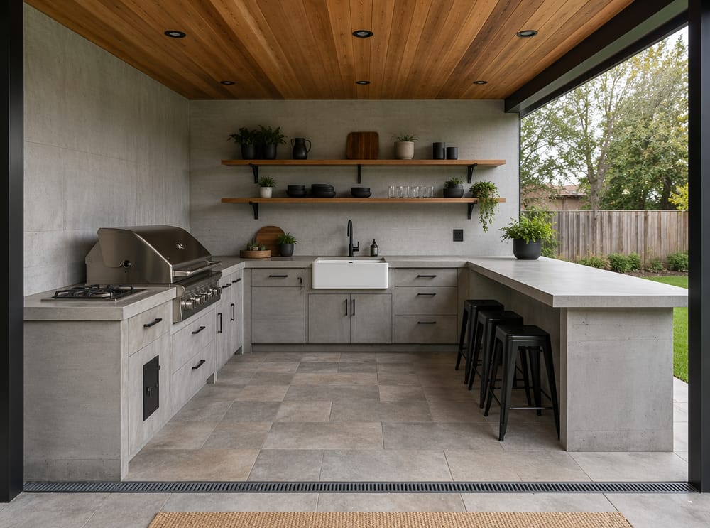 Cocina de patio en forma de U con barra a la derecha