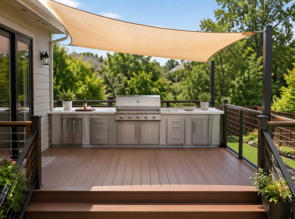 Cocina con encimera de cuarzo junto a barandilla de deck elevado