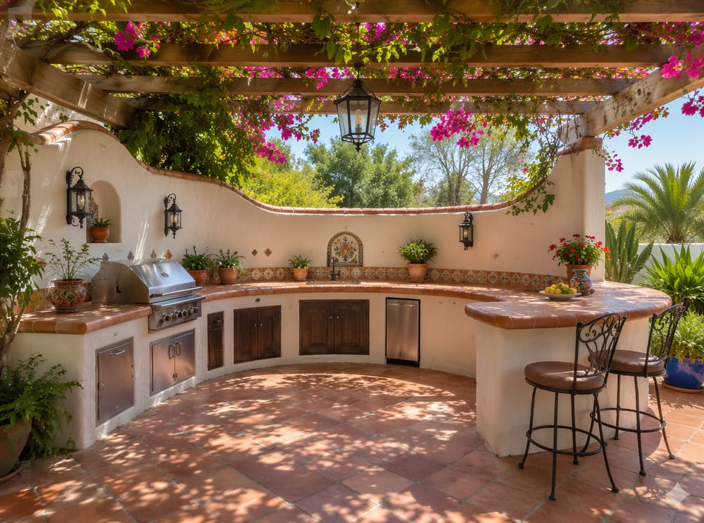 Cocina de estuco curvo con encimera de Saltillo