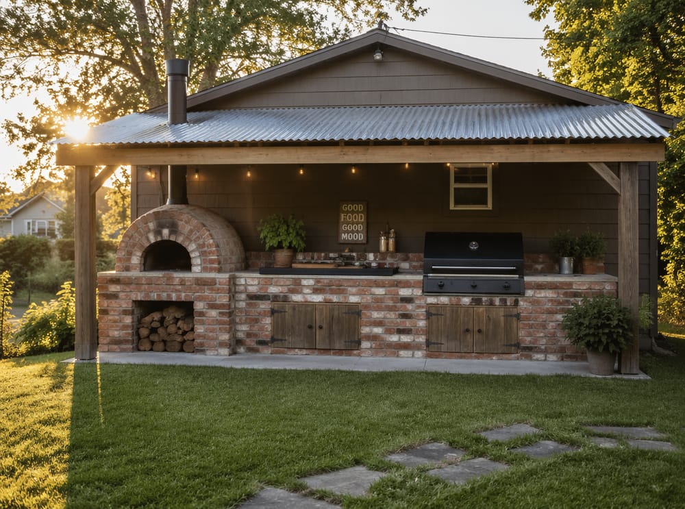 Cocina de ladrillo recuperado con horno de leña para pizzas