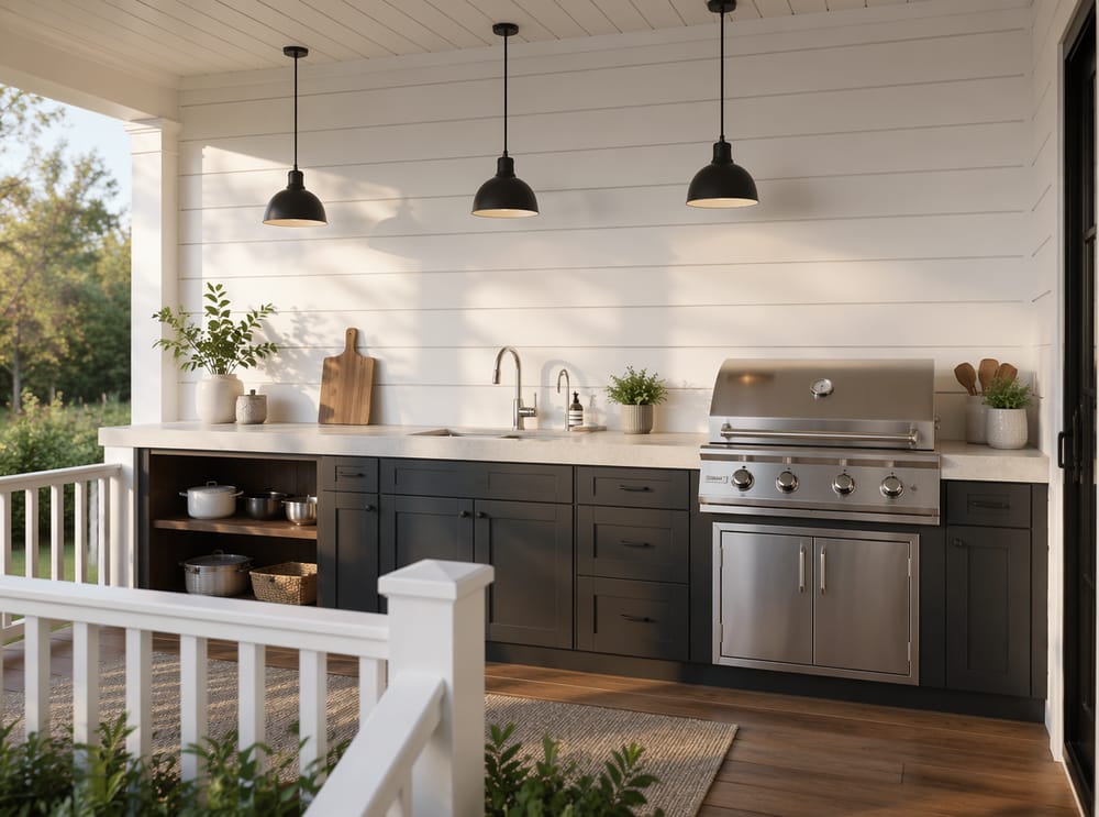 Muro de shiplap blanco tras cocina de porche estilo granja