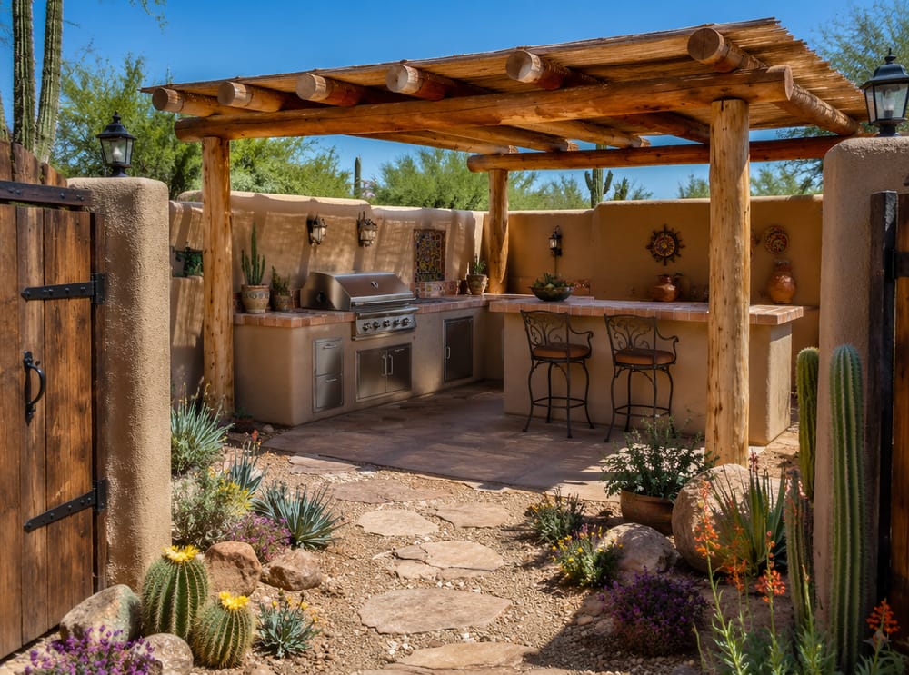 Cocina en L de adobe bajo ramada de troncos en patio desértico