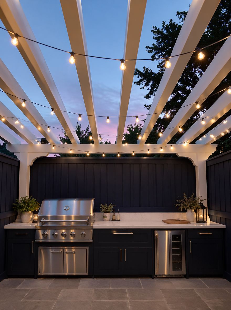 Vigas blancas de pérgola sobre cocina con cerca azul marino