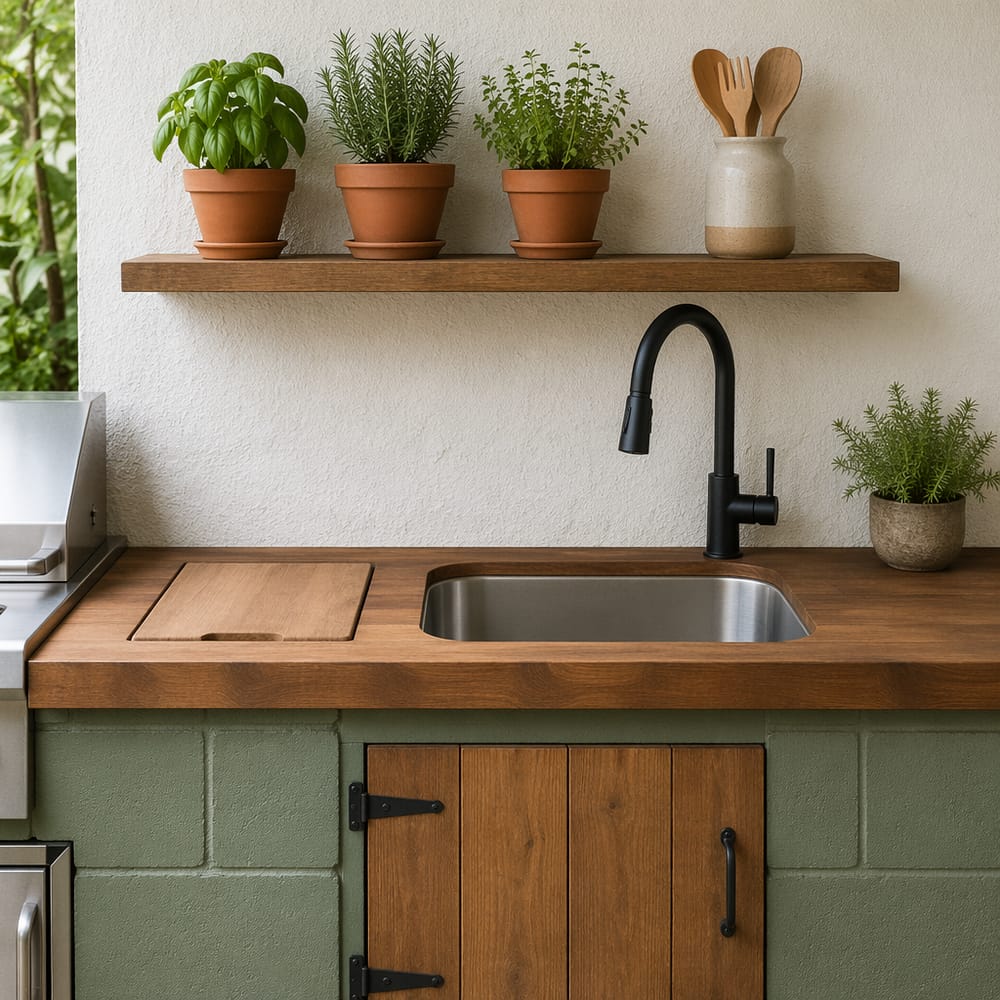 Sección de preparación de madera con base verde salvia