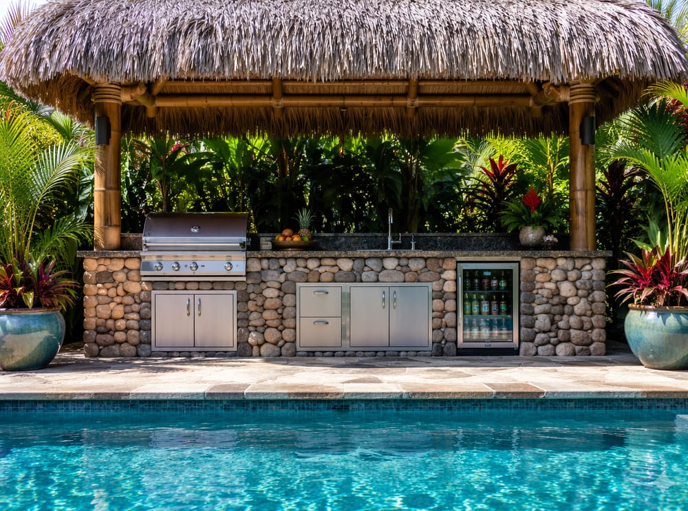 Cocina de piedra de río junto a piscina y techo de palma