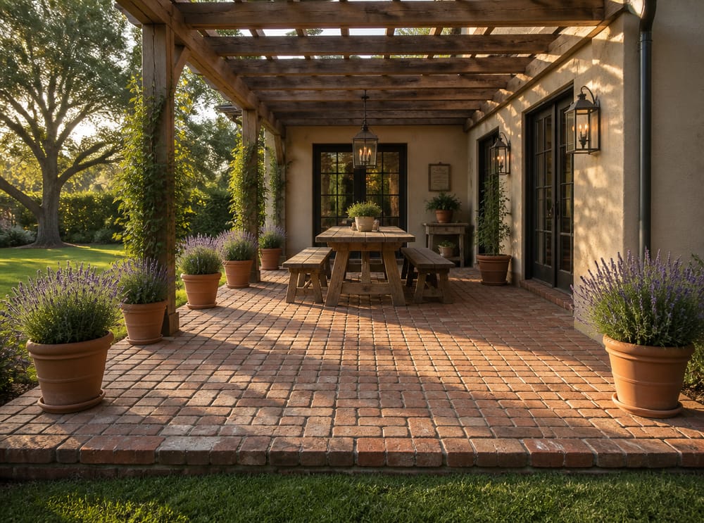 Patio in mattoni di recupero a intreccio sotto pergola in legno
