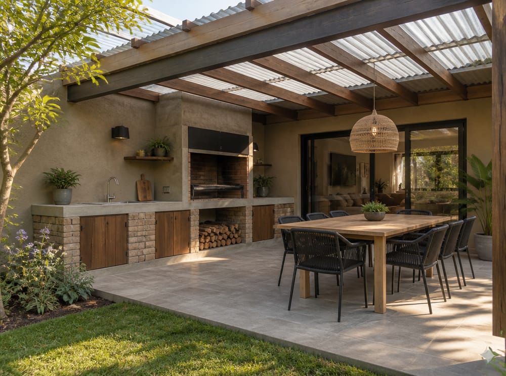 Barbecue in muratura integrato accanto alla zona pranzo coperta