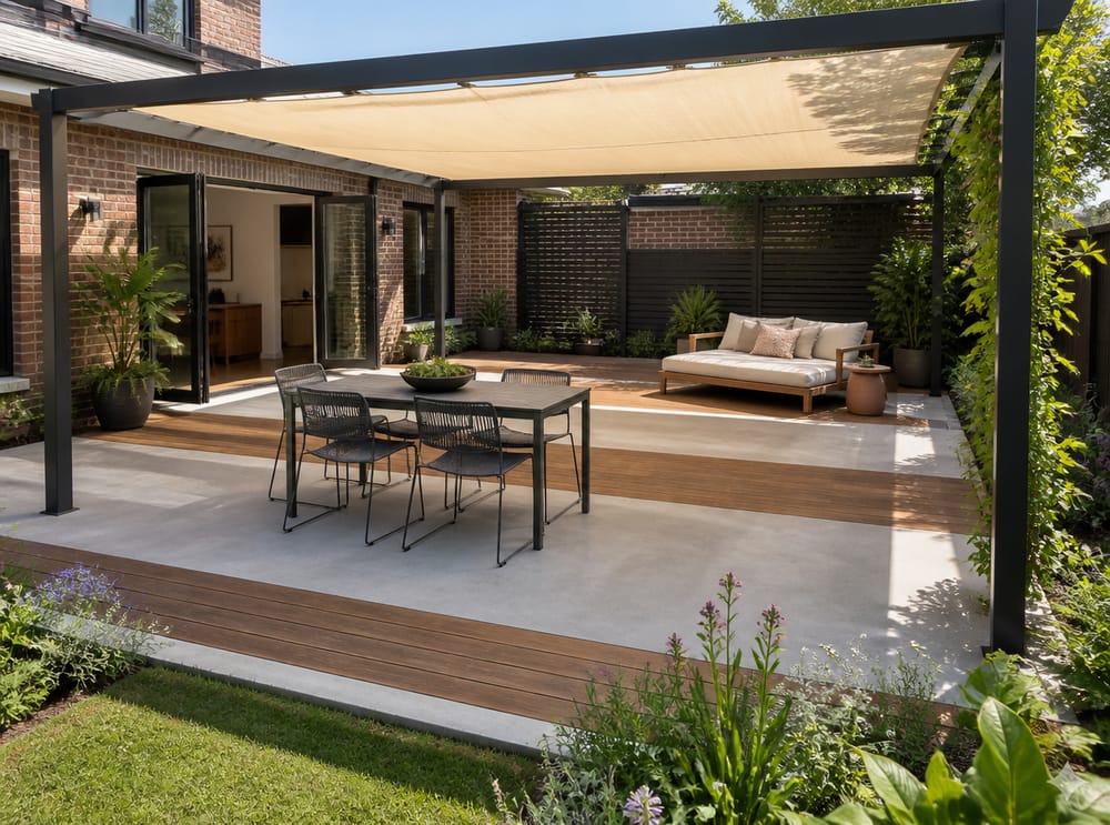 Bande alternate in cemento e legno, layout patio a doppia zona