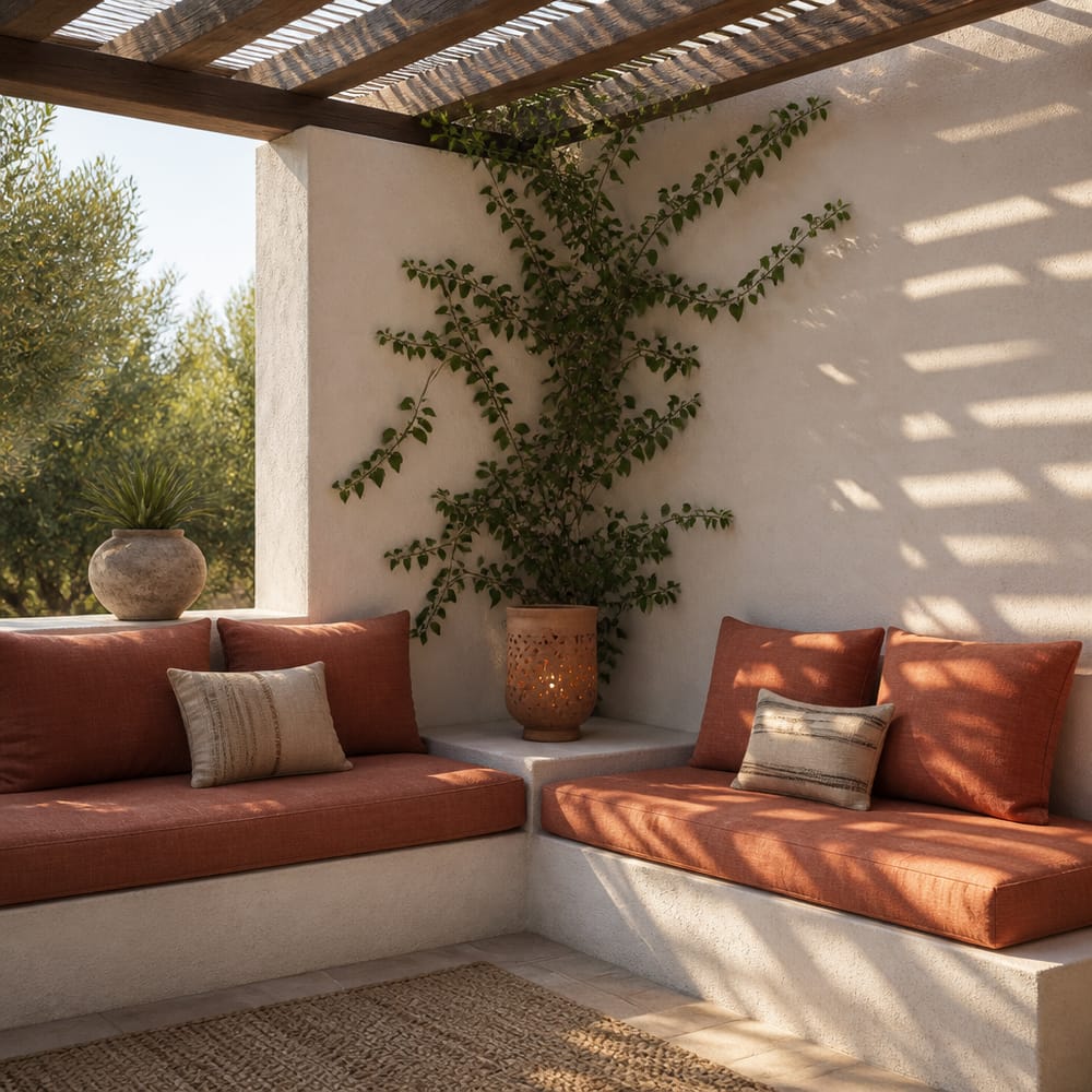 Angolo panca in cemento integrato, cuscini terracotta e lanterna