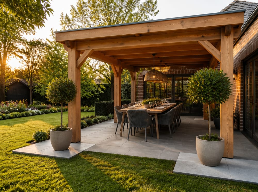 Pergola in legno con tetto chiuso su tavolo pranzo da dieci posti