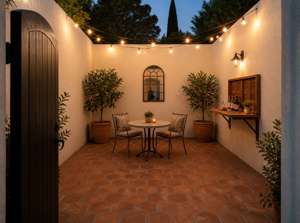 Corte patio in intonaco bianco, piastrelle esagonali terracotta e agrumi