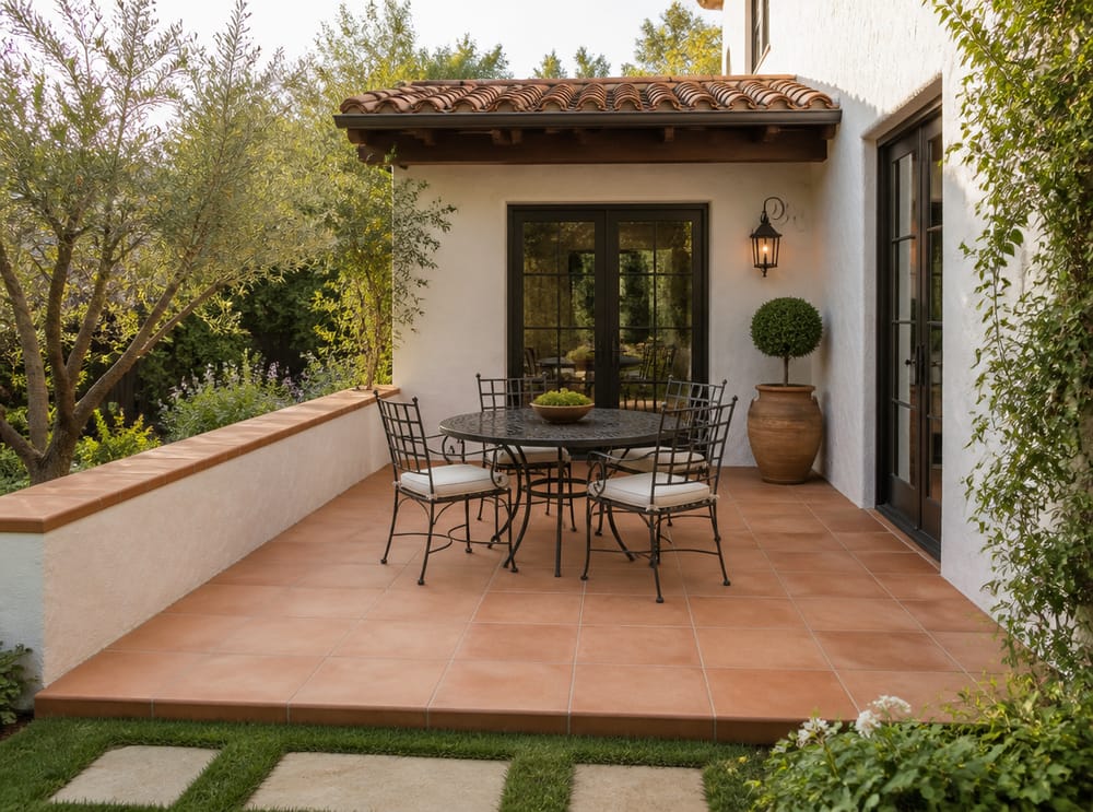 Patio con piastrelle in terracotta, muretto perimetrale bianco