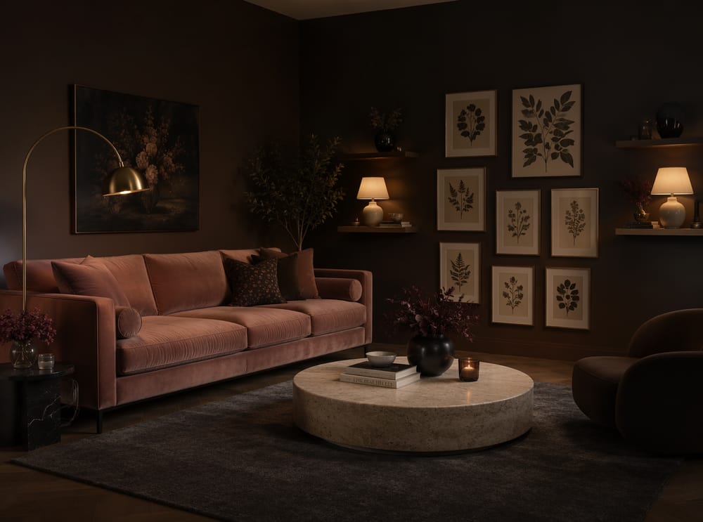 Aksamitna sofa w kolorze pudrowego różu na tle ciemnobrązowych ścian