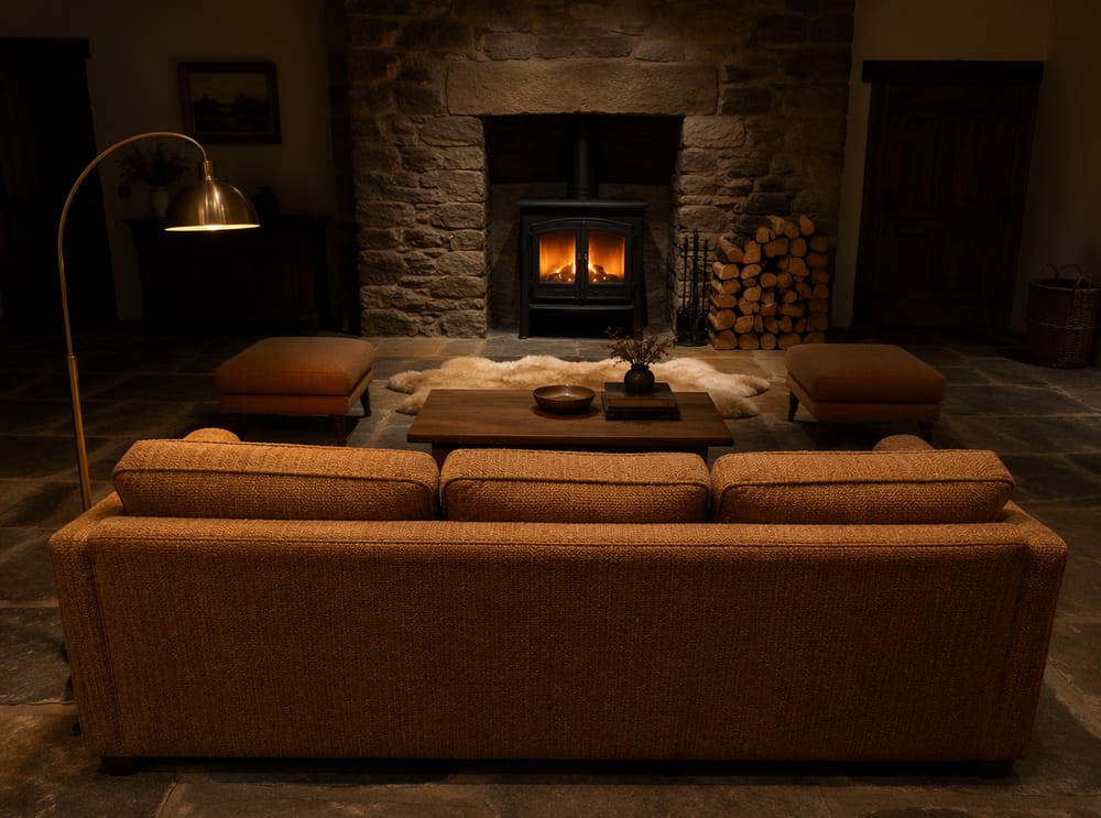 Sofa z miodowego tweedu naprzeciw kamiennego pieca