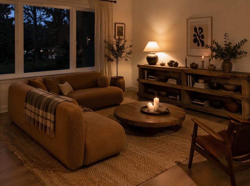 Sofa boucle naprzeciw regału z drewna z naturalną krawędzią