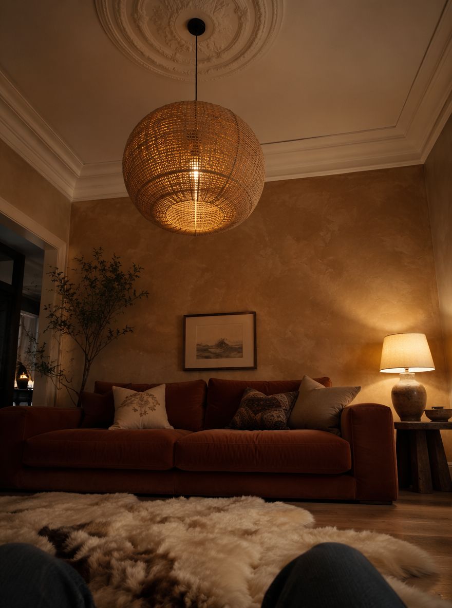 Aksamitna sofa w kolorze cynamonu pod lampą z rattanu