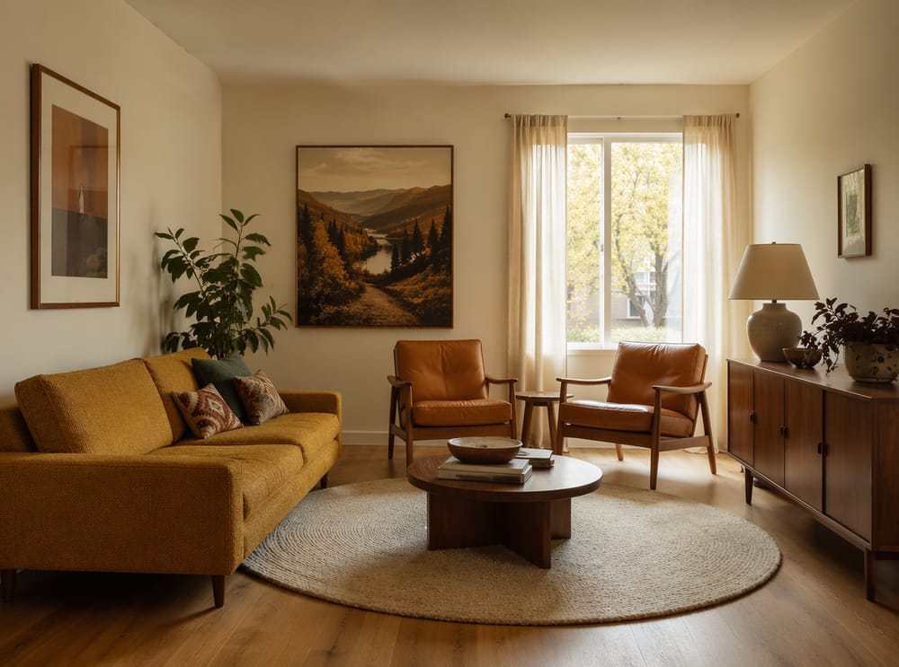 Sofa musztardowa i jasnobrązowe fotele na okrągłym dywanie z wełny
