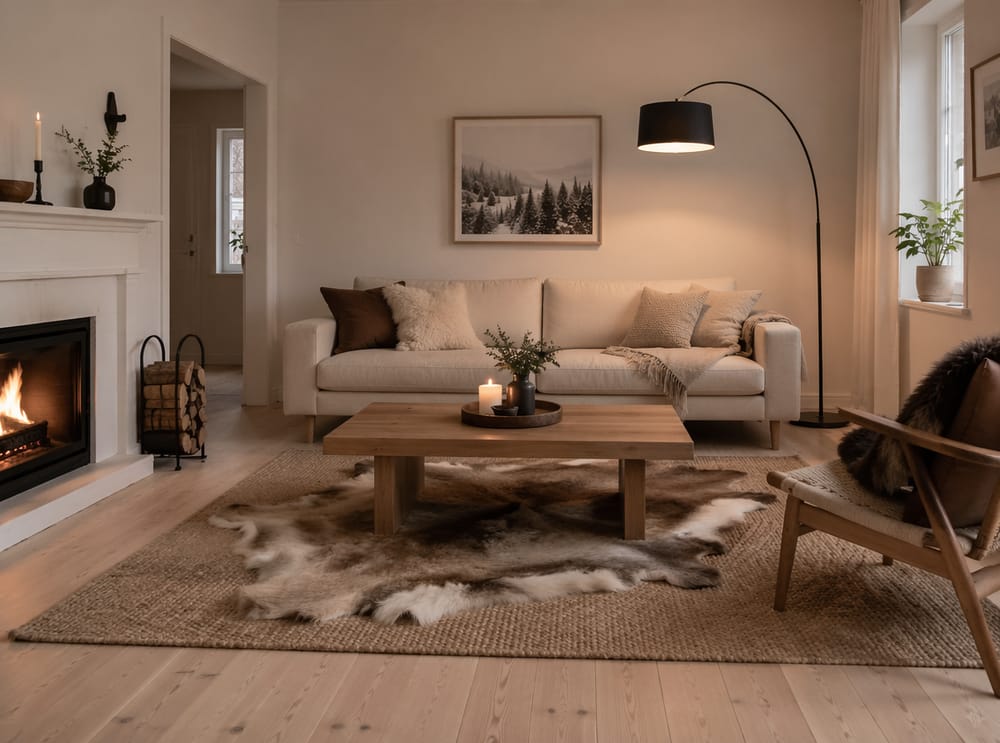 Jasna sofa z futrem renifera i podłogami z brzozy