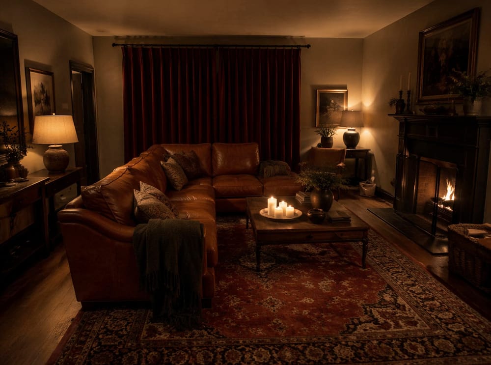 Sofa ze skóry koniakowej oświetlona światłem lamp i świec