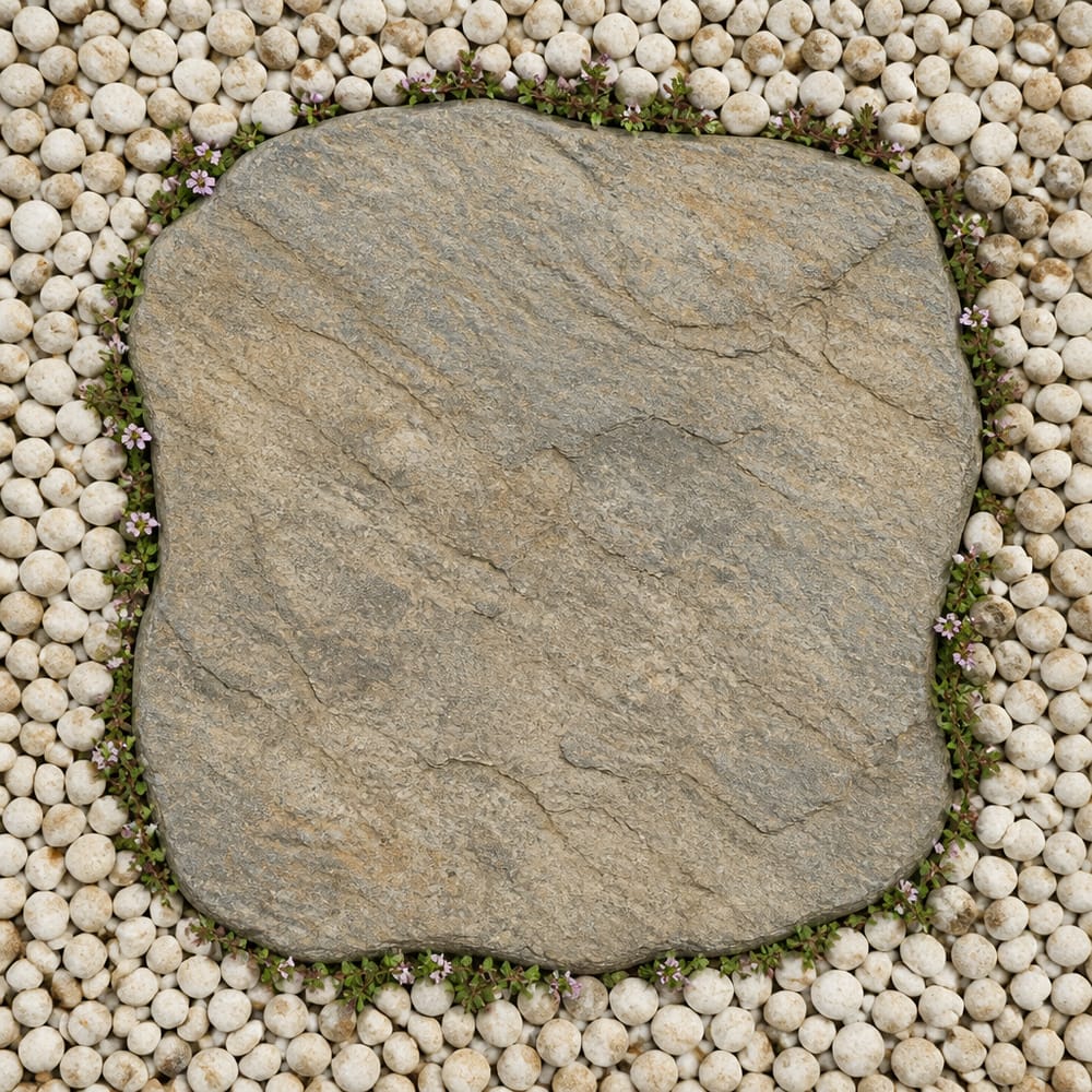 Lastra di pietra circondata da timo e ghiaia