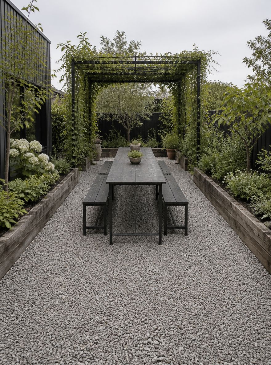 Lungo patio in ghiaia incorniciato da aiuole rialzate in legno