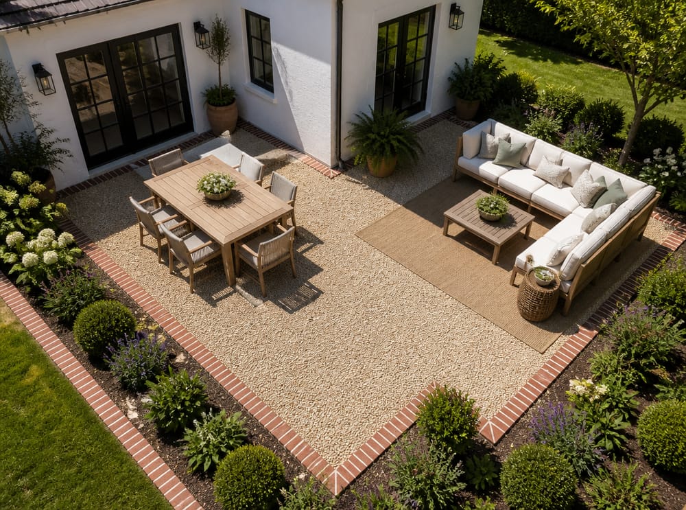 Patio a L con zone separate per pranzo e relax
