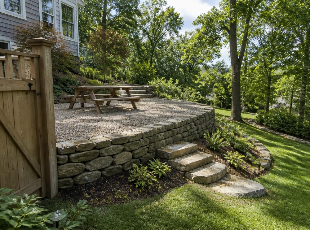 Patio in ghiaia livellato e contenuto da muro di pietra a secco