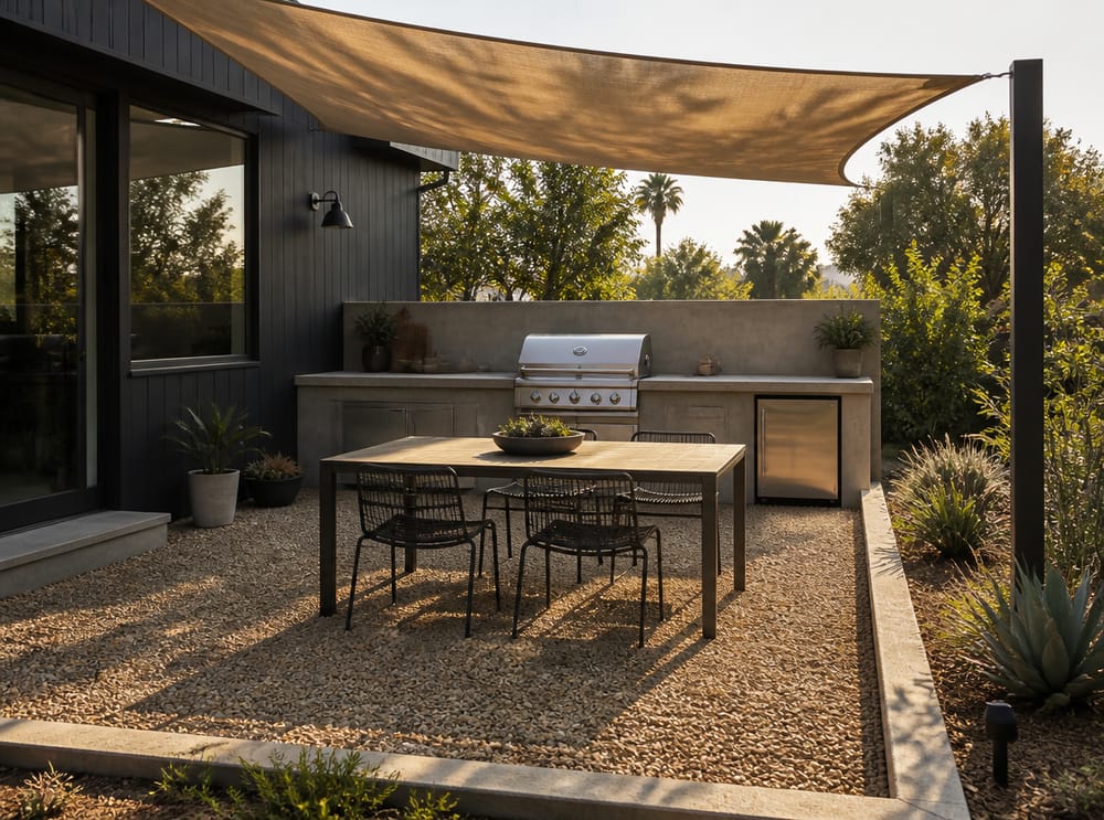 Patio in ghiaia con piano cucina esterno in cemento integrato