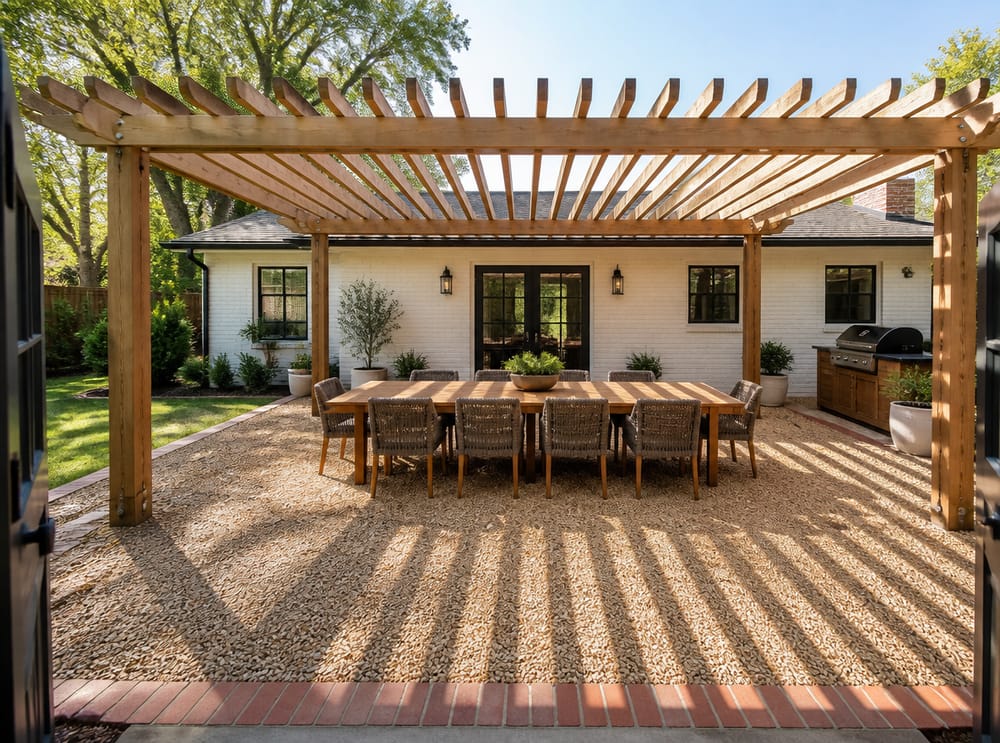 Lungo tavolo da pranzo sotto pergola a listelli di legno su ghiaia