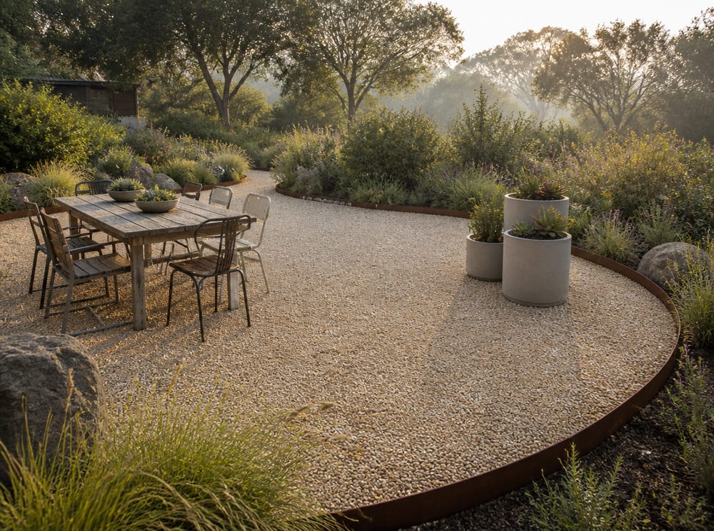 Bordo curvo organico in corten su patio irregolare in ghiaia