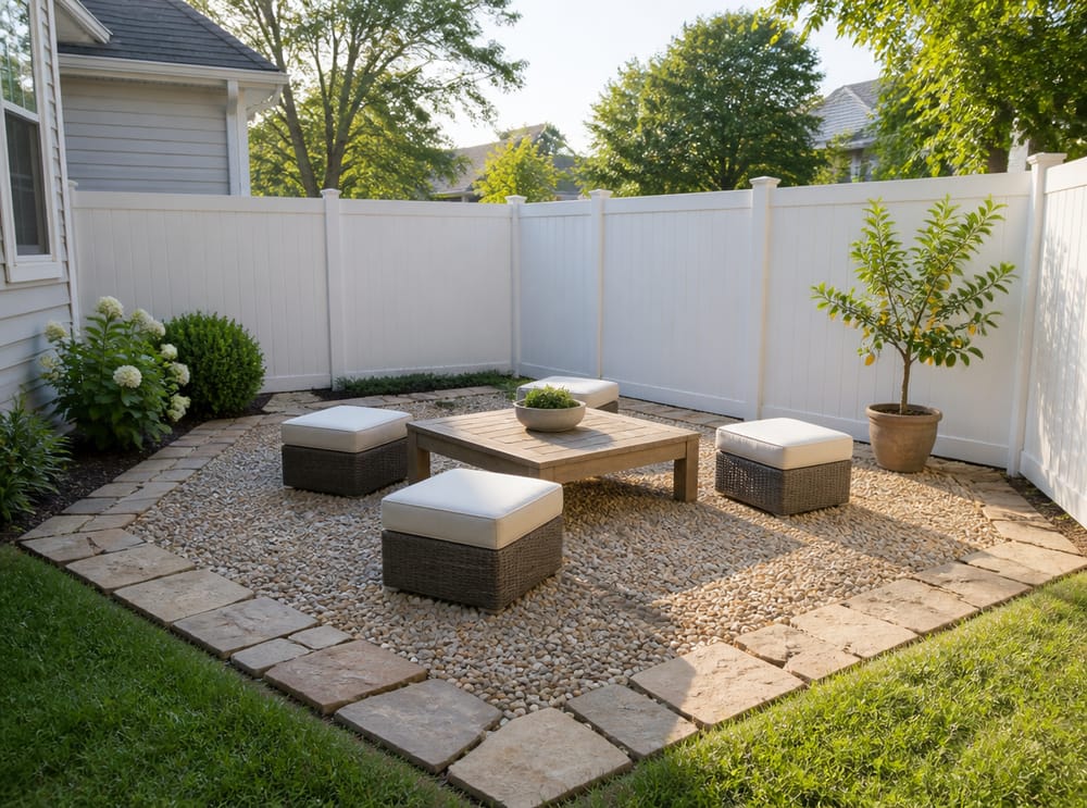 Patio in ghiaia bordato da lastre di pietra con ottomane cubic