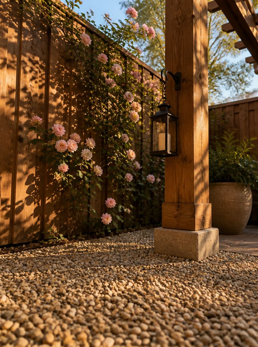 Base di pergola con lanterna sospesa in angolo di ghiaia
