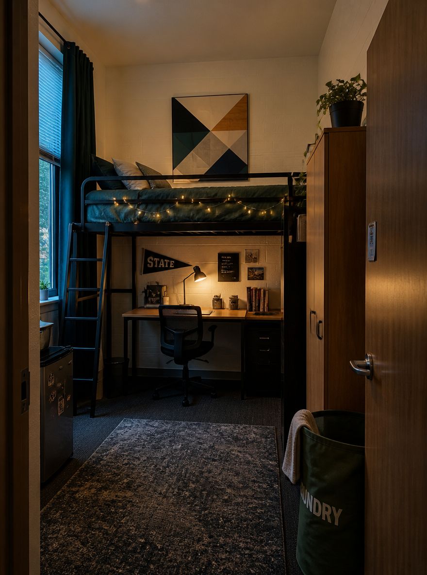 Vyvýšená postel se studijním koutem pod ní, světelné řetězy