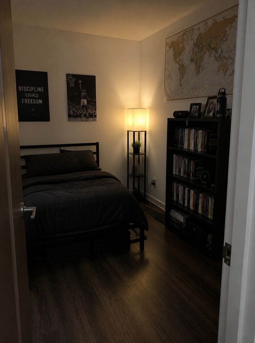 Vysoká knihovna podél pravé stěny, rohová stojací lampa