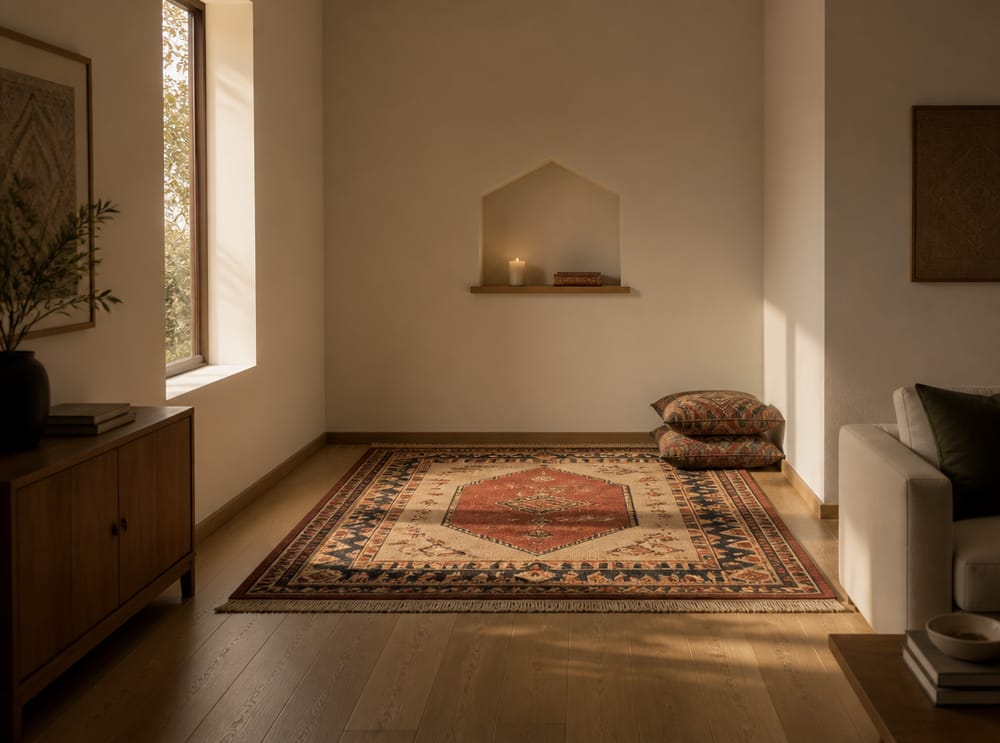 Geometric rug in sunlit living room corner