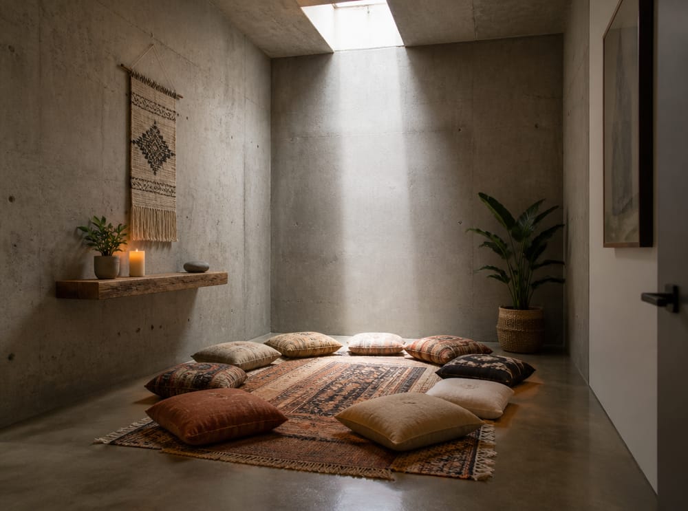 Skylight column over layered floor cushions