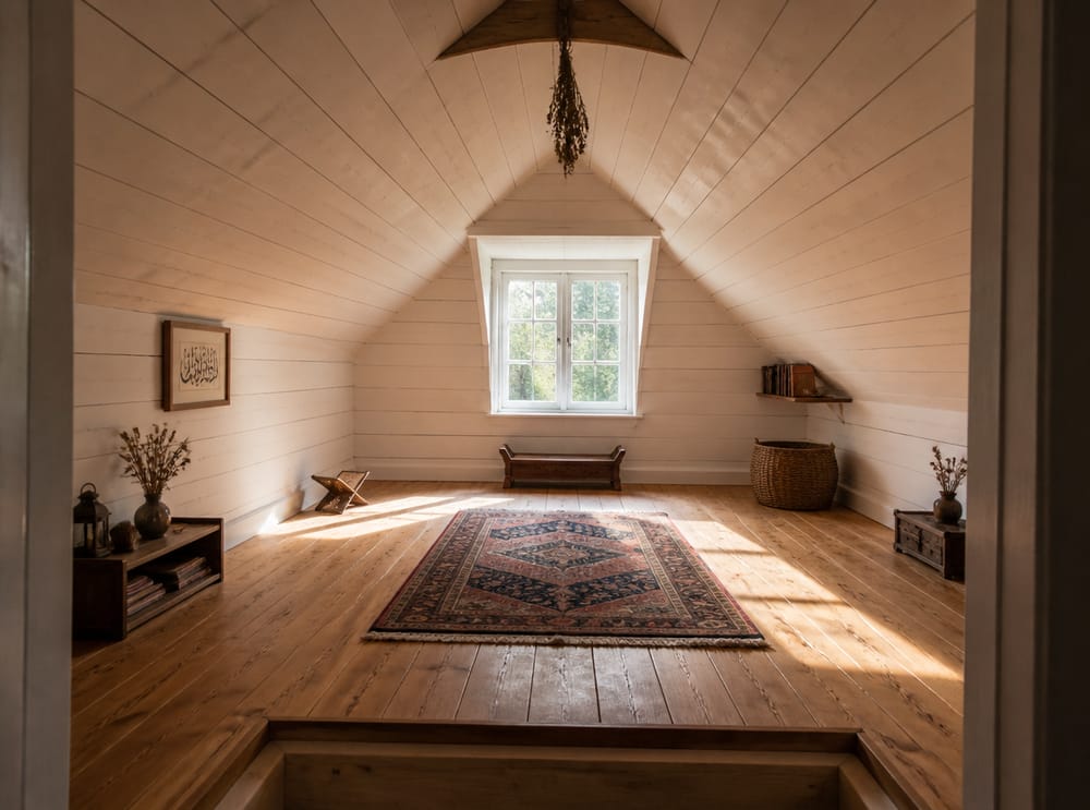Dormer window light across attic prayer rug